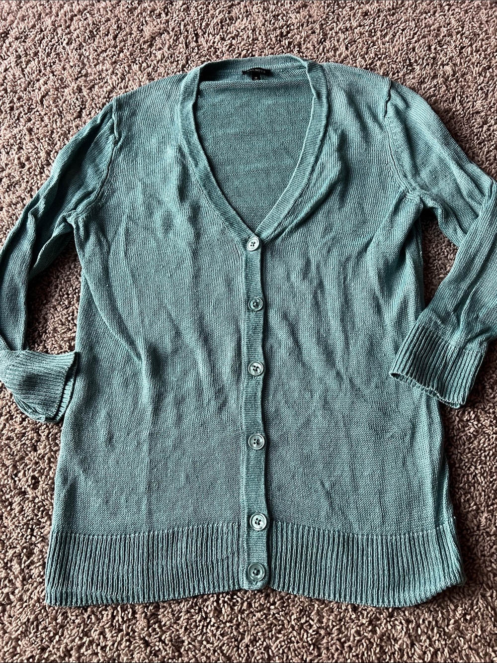 Talbots 100% Linen Teal V-Neck Button-Front Cardigan